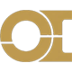 Gold geometric logo with a circle and rectangular elements on a white background