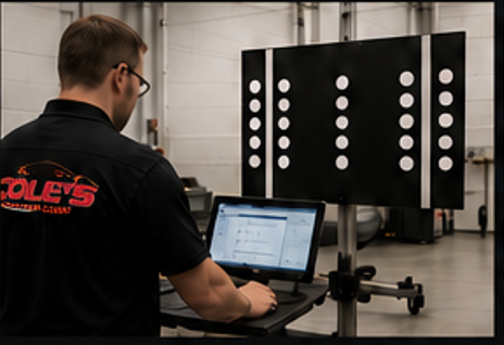 Technician testing equipment on a laptop beside a black panel with white target dots in a lab