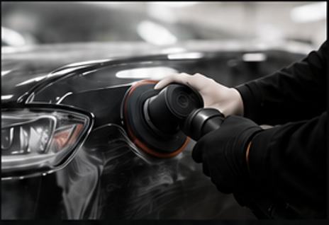 Hands polishing a black car with a power buffer, close-up on the front fender.