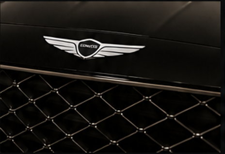 Close-up of a black car grille with a silver winged emblem and diamond mesh pattern