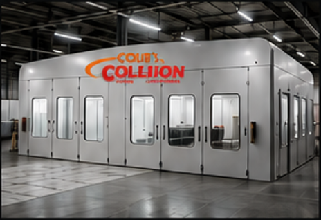 Courts Collision auto paint booth with white doors and orange-red logo in a warehouse
