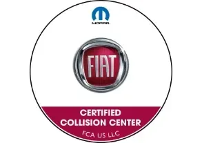 Mopar Fiat Certified Collision Center logo in red, white, and black with FCA US LLC text