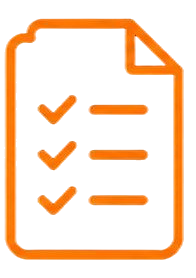 Orange checklist document icon with three check marks and three horizontal lines