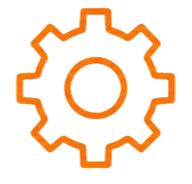 Orange outline gear icon on a white background