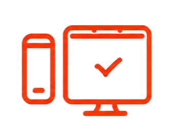 Orange desktop monitor and smartphone icons with a checkmark on the monitor screen