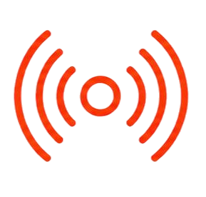 Red broadcast or radio signal icon with a central dot and curved waves on both sides