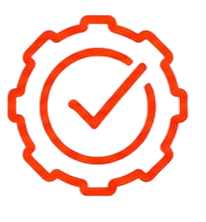 Red gear icon with a check mark inside on a white background