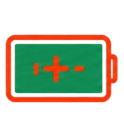 Green battery icon with red outline showing low charge and plus/minus symbols