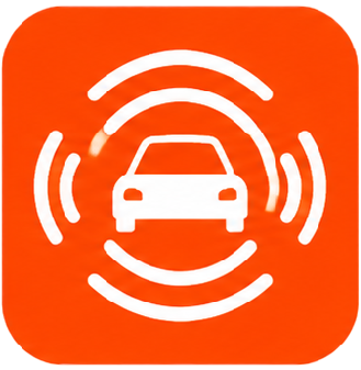 Orange app icon with white car and radar signal waves, suggesting driver assistance or collision alert