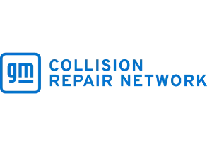 GM Collision Repair Network logo in blue text with blue GM emblem on a white background