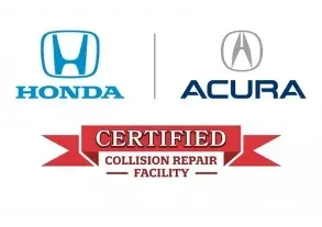 Honda and Acura Certified Collision Repair Facility logo with red banner and blue brand marks