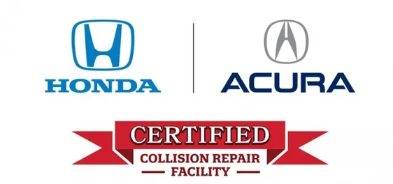 Honda and Acura Certified Collision Repair Facility logo with red banner and blue emblems