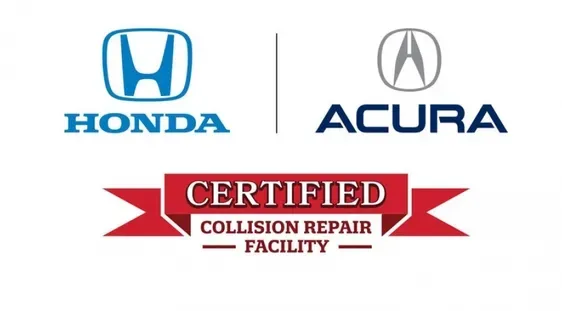 Honda and Acura certified collision repair facility logo with red banner and blue brand marks