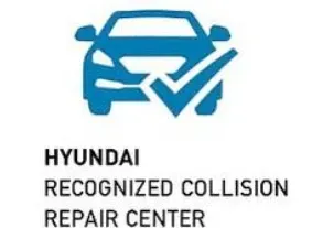 Hyundai recognized collision repair center logo with blue car and checkmark icon