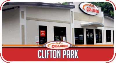 Clifton Park Collision shop exterior with red-and-white sign and storefront entrance