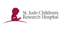 St. Jude Children’s Research Hospital logo with maroon child silhouette and text on white background