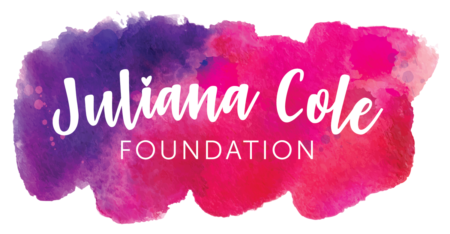Juliana Cole Foundation logo on a pink, purple, and magenta watercolor splash