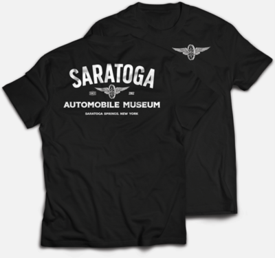 Black T-shirt with “Saratoga Automobile Museum” logo and winged emblem printed in white.