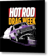 Purple drag racing car launching beneath “HOT ROD DRAG WEEK” text on a black background