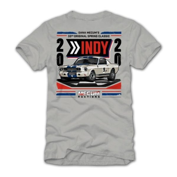 Gray T-shirt with a classic race car graphic and bold “INDY 200” text in red, black, and blue