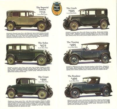 Vintage car lineup ad showing six 1920s automobiles in side view with model names and prices.