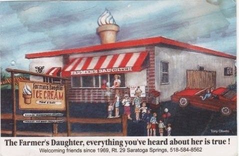 Retro ice cream stand with striped awning, classic car, and people outside under a cloudy sky.
