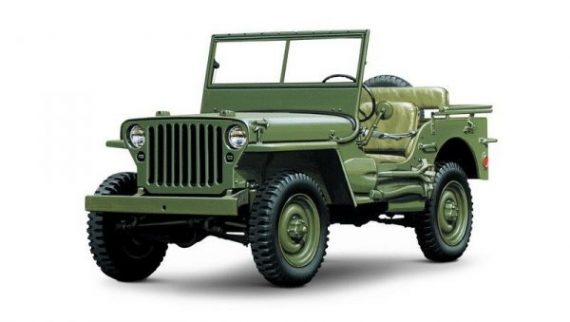 Green vintage military jeep on a white background