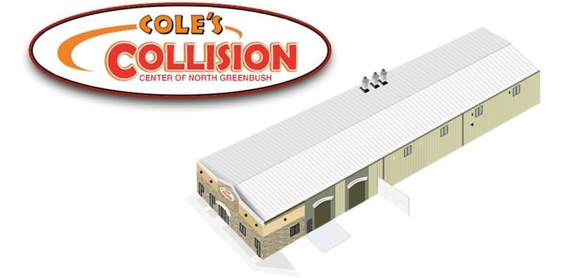Cole's Collision logo beside an aerial view of a beige auto body shop building