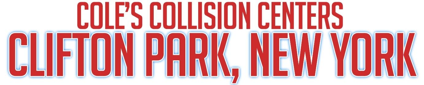 Cole’s Collision Centers logo with “Clifton Park, New York” in red and white text