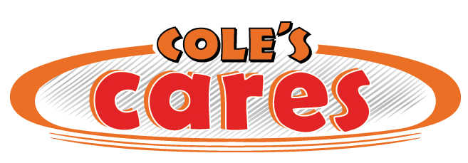 Cole’s Cares logo with orange oval swooshes and bold red text on white background