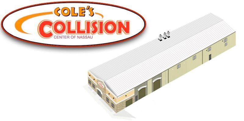 Cole's Collision logo beside a beige industrial building illustration