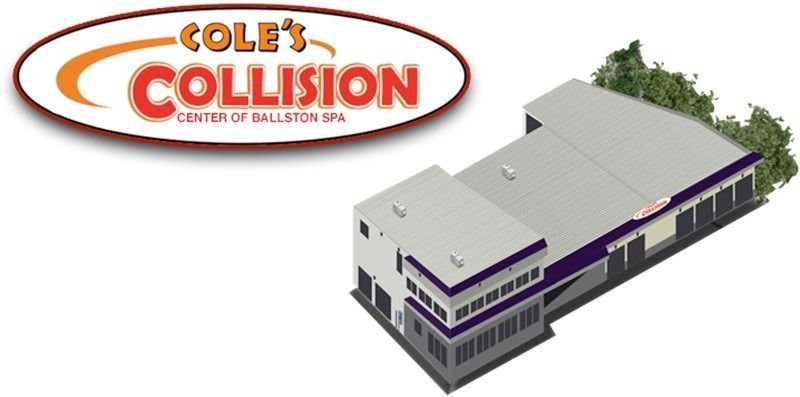 Cole’s Collision logo with gray auto body shop building illustration