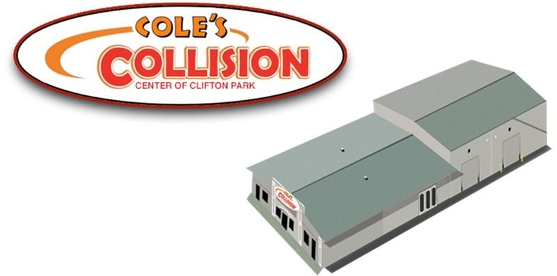 Cole’s Collision logo beside a gray industrial building illustration