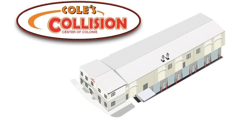 Cole Collision Center logo beside a white auto body shop building
