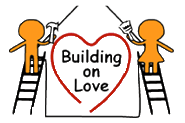 Two people on ladders paint a heart around the words “Building on Love.”
