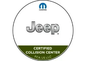 Jeep Certified Collision Center logo badge with Mopar mark and green banner text