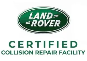 Land Rover certified collision repair facility sign with green logo and text