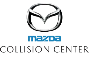 Mazda Collision Center logo with black emblem and blue Mazda text on white background