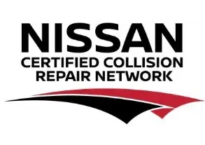 Nissan Certified Collision Repair Network logo in black and red with a stylized swoosh