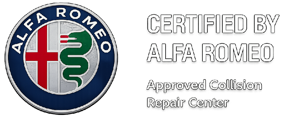 Alfa Romeo Certified Approved Collision Repair Center logo with blue, red, white emblem and text