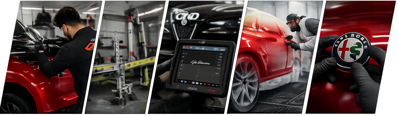 Car detailing collage showing a red sports car being polished, cleaned, and inspected in a shop