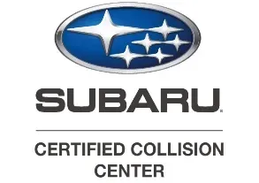Subaru Certified Collision Center logo with blue oval emblem and black text on white background
