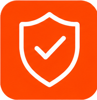 Orange app icon with a white shield and checkmark symbol