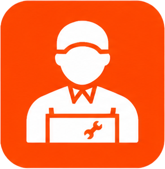 Orange square icon of a worker in a hard hat holding a toolbox with a wrench symbol
