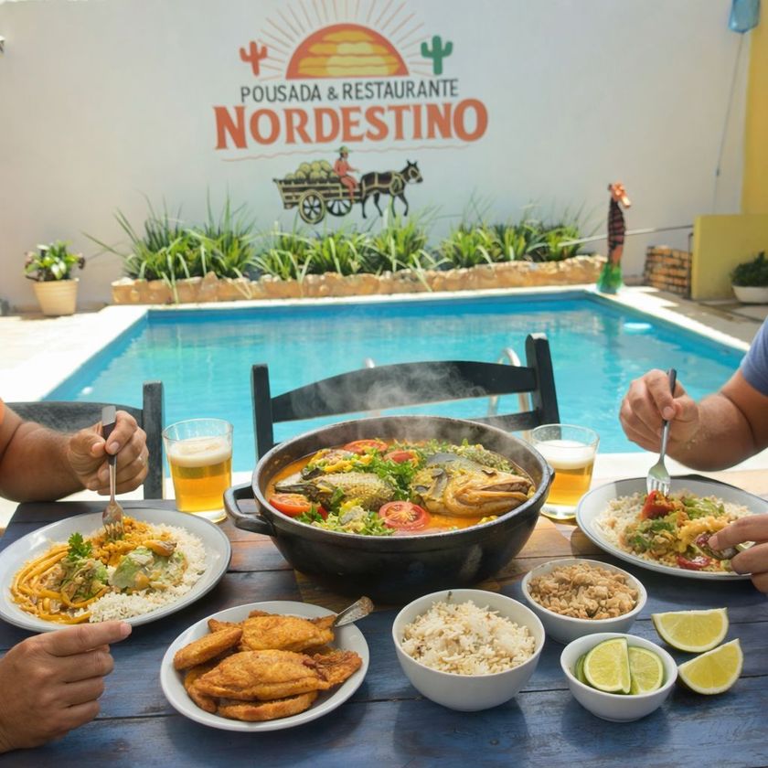 Refeição servida à beira da piscina no Restaurante Nordestino, com um prato tipo paella, bebidas e diversas opções de comida.