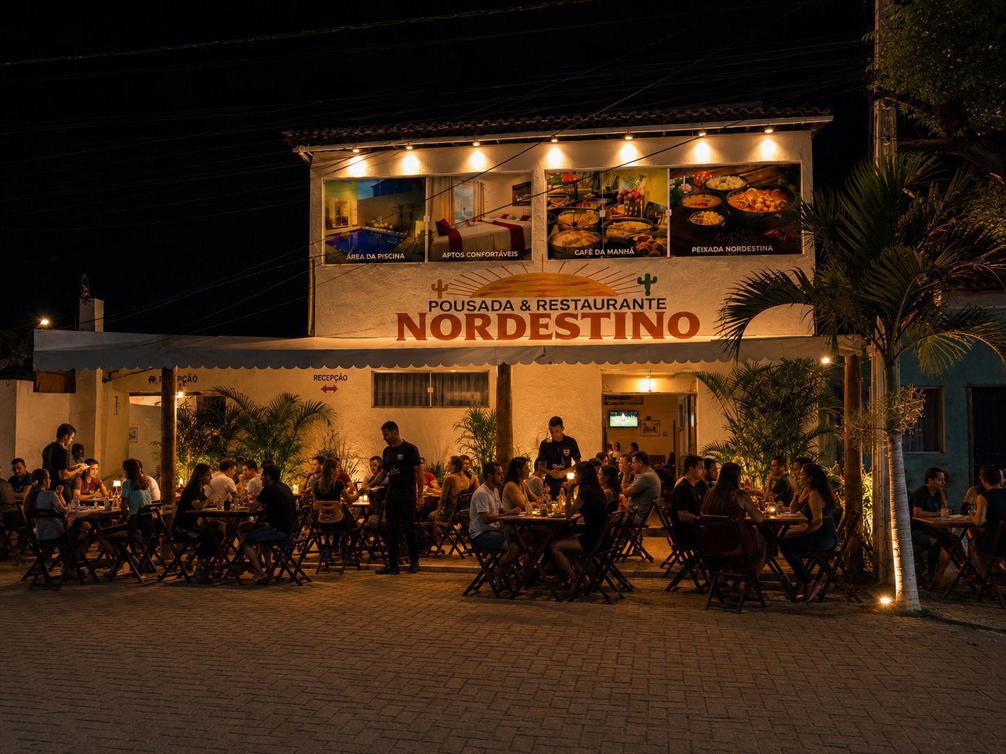 Café ensolarado ao ar livre com guarda-sóis brancos, árvores e pessoas sentadas em um pátio de areia.