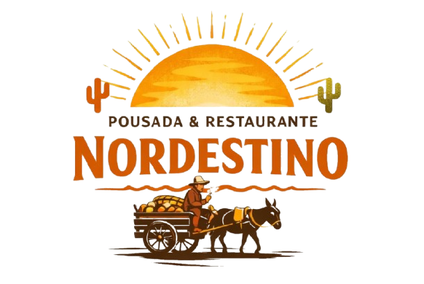 Logo of Pousada & Restaurante Nordestino with orange sun, cactus, and horse-drawn cart