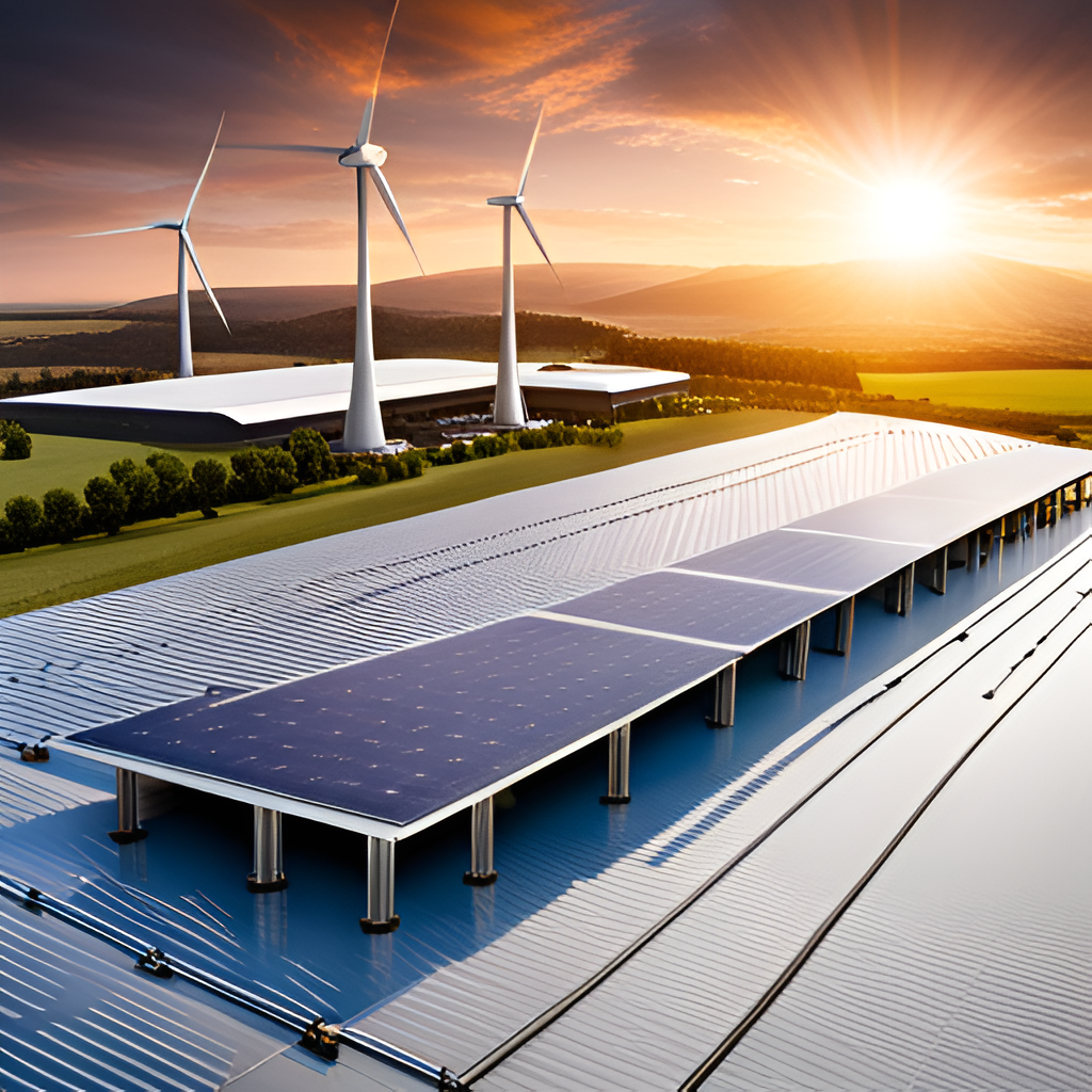 An aerial view of a building with solar panels and wind turbines