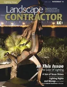 Landscape Contractor magazine cover featuring a lit desert sculpture at night, with a palm tree and city lights.