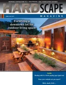HARDSCAPE magazine cover showing a modern outdoor living space with patio seating and warm lighting
